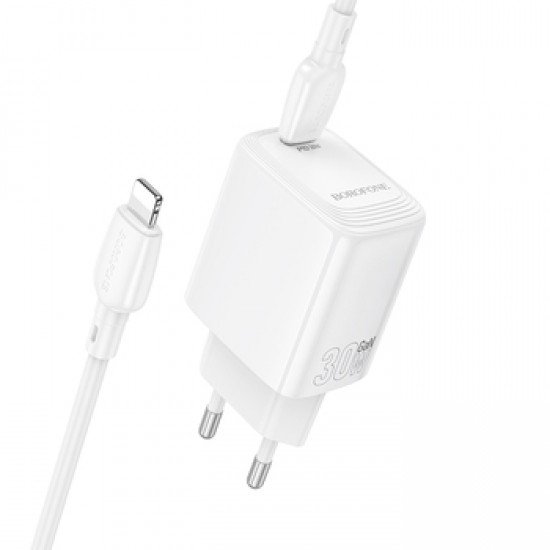 Borofone BN28 Fuente Φορτιστής Τοίχου USB-C PD 30W με Καλώδιο USB-C σε Lightning - White