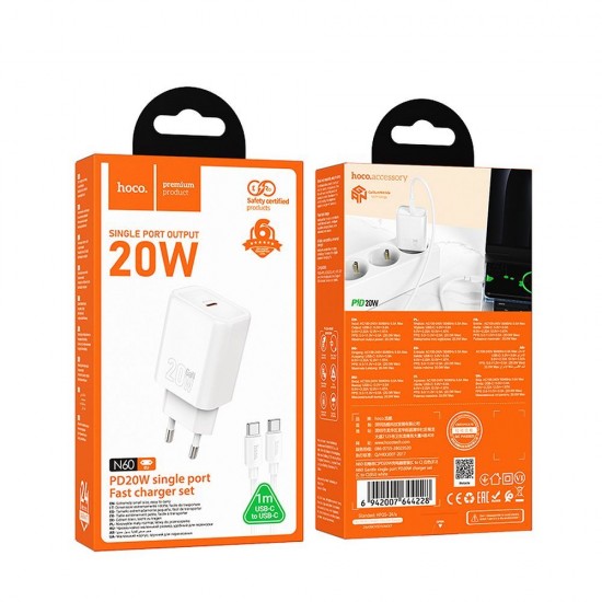 Hoco N60 USB-C PD/QC 20W Φορτιστής με Καλώδιο USB-C σε USB-C