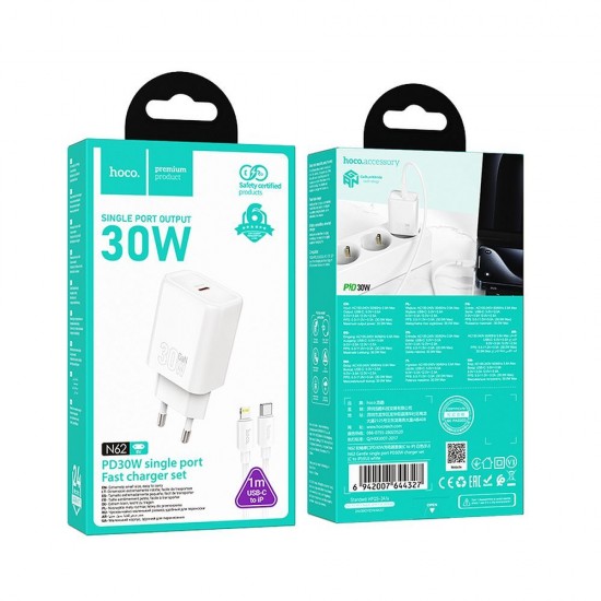 Hoco N62 USB-C PD/QC 30W Φορτιστής με Καλώδιο USB-C σε Lightning