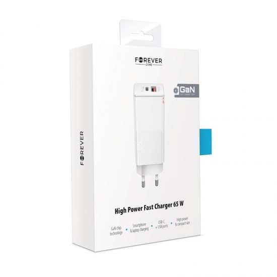 Forever Φορτιστής Υψηλής Ισχύος 65W με Θύρες USB-C & USB – Λευκός Forever Φορτιστής Υψηλής Ισχύος 65W με Θύρες USB-C & USB – Λευκός