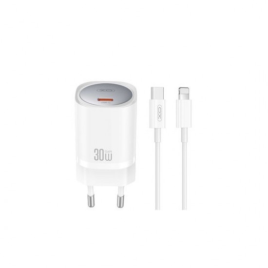 XO Φορτιστής GaN με Θύρα USB-C & Καλώδιο USB-C σε Lightning 30W Power Delivery – Λευκό (CE20) XO Φορτιστής GaN με Θύρα USB-C & Καλώδιο USB-C σε Lightning 30W Power Delivery – Λευκό (CE20)