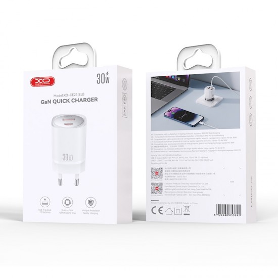 XO-CE21(EU) Φορτιστής GaN 30W με Θύρες USB-C & USB – Λευκός