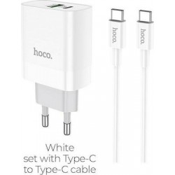 Hoco Charger with USB-A Port and USB-C Port and type-c Cable 20W Power Delivery White (C80A Rapido)